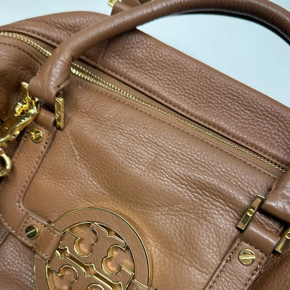 Tory Burch Amanda Satchel Purse Leather Handbag Crossbody Bag Tan Brown Gold